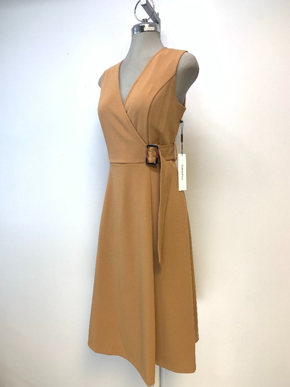 NEW Calvin Klein Elegant Luggage Brown Crepe Midi Fit & Flare Dress size 6
